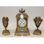 A late 19th Century French brass and champlevé enamel mantel clock garniture, the clock with eight