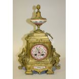 A late 19th Century French gilt spelter and porcelain mantel clock with eight day movement
