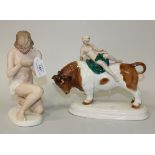 A Wallendorf porcelain figure of a nude, mid-20th Century, modelled kneeling with cupped hands,