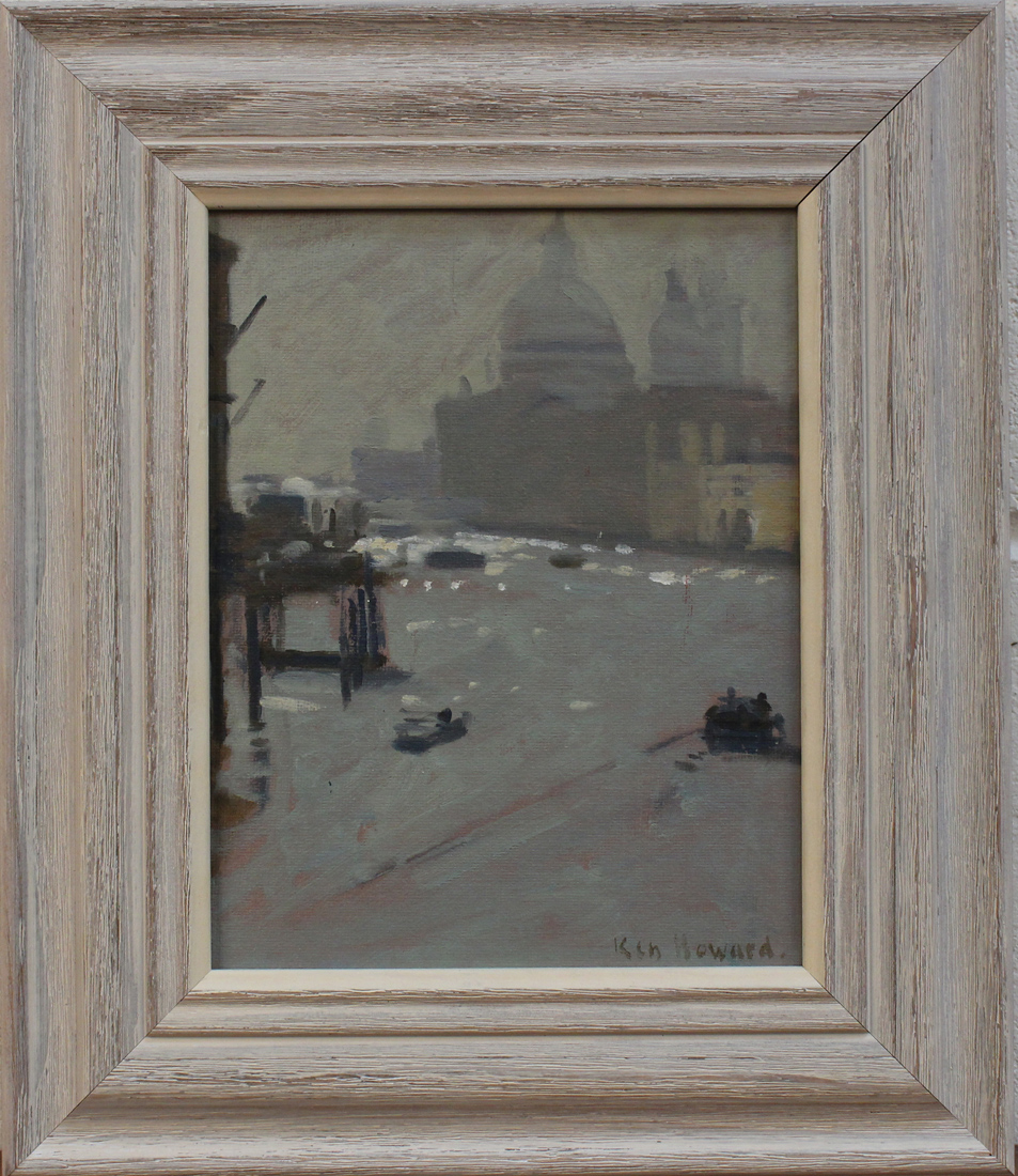 Ken Howard - 'Grand Canal Misty Morning', late 20th Century oil on board, signed recto, titled - Image 4 of 4