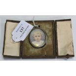 M.E., British School - Oval Miniature Portrait of a Boy, watercolour, approx 4cm x 3cm, within a