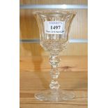 A set of eight Waterford crystal glass wines with facet cut bowls and knop stems, on circular bases,