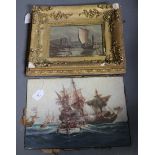 19th Century British School - View of a Naval Engagement, oil on board, approx 30cm x 40cm, together