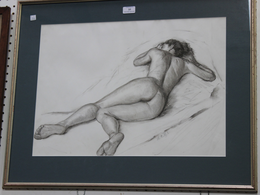 Alan Bedford - Female Nude on a Bed, pencil drawing, signed, approx 41cm x 56.5cm.