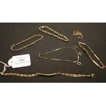 A 9ct gold identity bracelet with a sprung hook shaped clasp, and five mostly 9ct gold bracelets