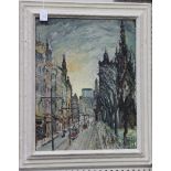 20th Century British School - View of an Edinburgh Street, oil on board, approx 58cm x 45cm,