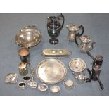 A late Victorian plated ewer of half reeded urn form, and a collection of assorted plate.