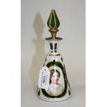 A white overlaid Bohemian green glass scent bottle and stopper, late 19th Century, of conical