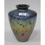 A Royal Brierley Studio Art glass iridescent vase of high shouldered tapering form, acid etched mark