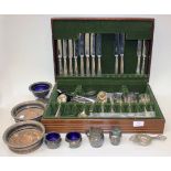 A plated part canteen of cutlery, cased, a plated bowl, a pair of plated coasters and a small