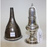 A George III silver caster of ogee baluster form with pierced and engraved dome cover, on a circular