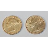 Two Victoria Young Head shield back sovereigns, comprising 1866 and 1869.