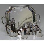 A late 20th Century plated five piece tea set of tapering octagonal form, comprising teapot, hot