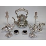 A Victorian plated kettle and a collection of other plate, comprising a pair of sauce boats, cream