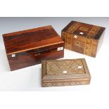 A Victorian rosewood work box, a geometric inlaid walnut work box, an Indian inlaid box and an