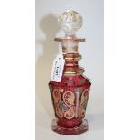 A Bohemian cranberry flashed decanter and stopper, second half 19th Century, of octagonal shape,