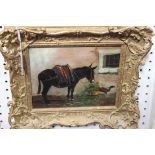 Late 19th Century British School - Study of a Donkey and Chicken, oil on canvas, approx 18.5cm x