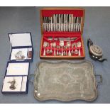 A collection of plated items, including a canteen of cutlery, a teapot, a two handled tray, together