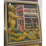 Sue Tociapski - 'The Dolls House', oil on board, signed recto, titled verso, approx 69cm x 59cm,