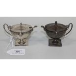 A pair of George V silver mustards of neoclassical form, with matching spoons, each hemispherical