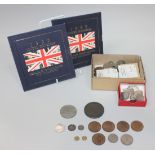 A collection of British and foreign coins, including four pennies 1935, 1937 issues, including