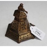 A Continental gilt cast bronze hexagonal desk bell with cast foliate decoration, the putto finial
