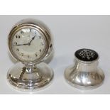 A George V silver cased desk timepiece, the silvered dial with black Arabic numerals, the circular