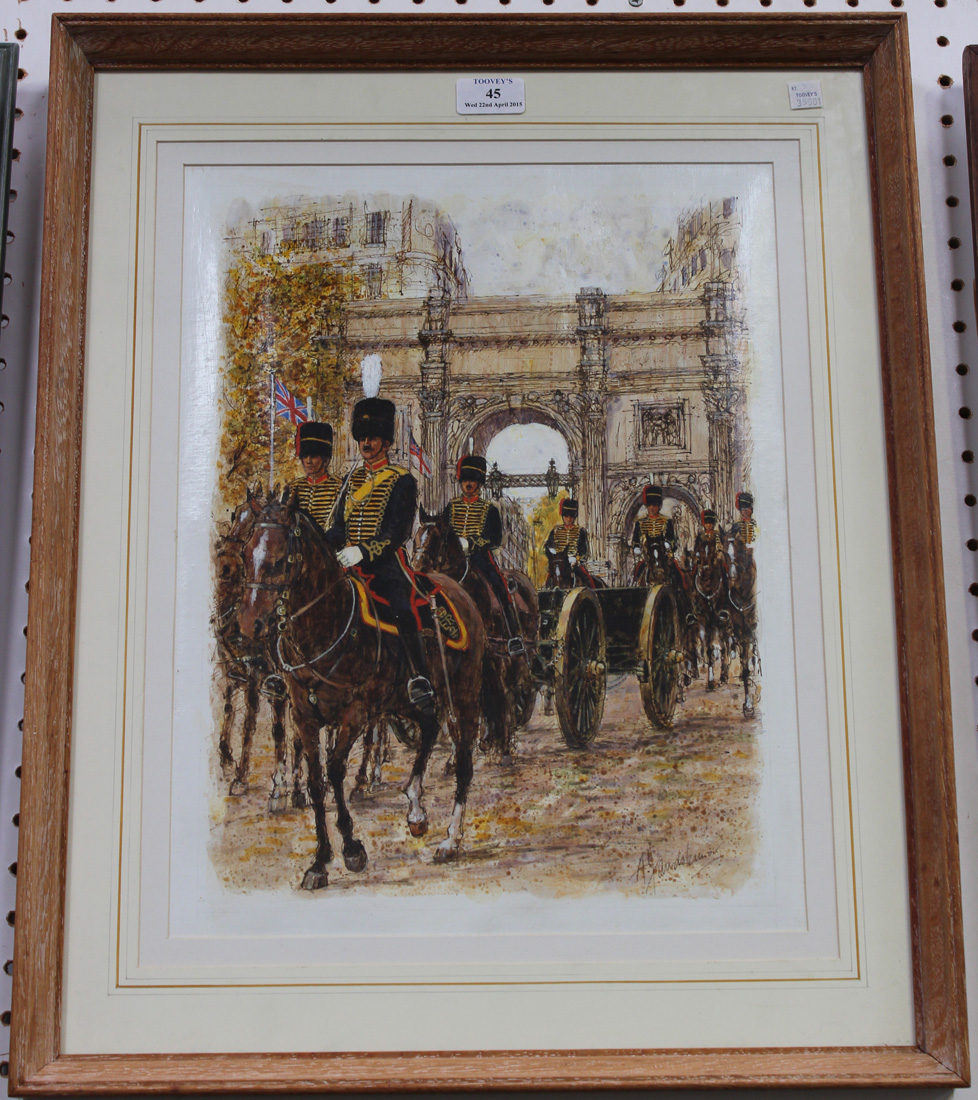 Alexei Jawdokimov - 'Royal Horse Artillery', watercolour and ink, signed recto, titled verso, approx