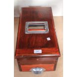 A modern reproduction stained wood cash till with drawer-operated bell and hinged lid, length approx