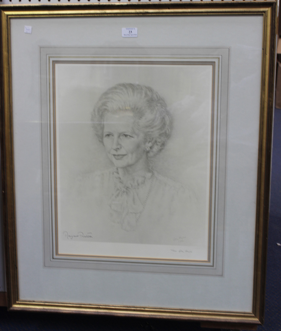 After Gilly Rayner - Head and Shoulders Portrait of Margaret Thatcher, monochrome print, signed