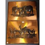 Three mid-20th Century South African copper panels by Dennis Thomson, each depicting animals, approx