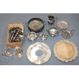 A collection of assorted plate, including various candelabra fittings and nozzles, breadboard (