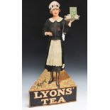 A Lyons' Tea printed card advertising sign depicting a 'Nippy' waitress holding a tea tray, height