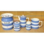 Four pieces of T.G. Green blue banded Cornish Ware, each with green or black shield backstamp,