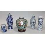 A Chinese famille verte porcelain jar, mark of Wanli but late Qing dynasty, the stout ovoid body