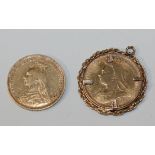 A Victoria Jubilee Head sovereign 1892, probably S, and a Victoria Old Head sovereign 1893, in a 9ct