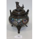 A Japanese bronze and cloisonné censer and cover, Meiji period, the cover with Buddhistic lion