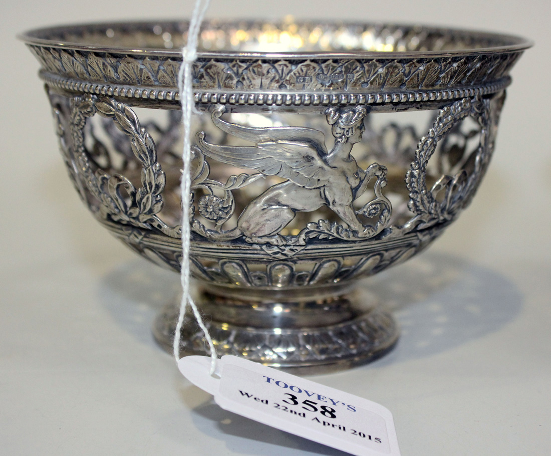 A pair of German silver pierced and embossed circular bowls, each decorated in the Empire style with - Image 3 of 3