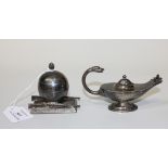 A George V silver novelty inkwell in the form of a hand grenade, the hinge lid with flame finial