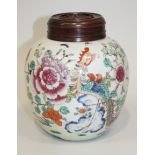 A Chinese famille rose export porcelain ginger jar, 18th/19th Century, the stout ovoid body