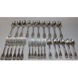 A George IV silver Fiddle Husk pattern part canteen of cutlery, comprising of six table forks, six