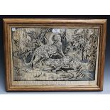 A 19th Century silkwork panel of two wild cats hiding within a dense jungle from a small group of