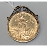 A USA gold twenty dollars 1908, with a 9ct gold pendant mount.