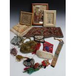 A group of textiles, including a Chinese silk infant's boot, other Chinese silk embroidered items, a