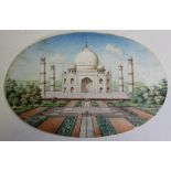 Late 19th Century Indian School - Oval Miniature View of the Taj Mahal, watercolour on ivory, approx