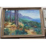 Heather Auer - Pipe Track, Table Mountain, 20th Century oil on canvas, signed, approx 72cm x 98cm.