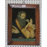 A 19th Century reverse coloured print on glass, 'St. Matthew', approx 34cm x 24cm, within a walnut