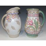 A Bursley Ware Charlotte Rhead pottery jug, mid-20th Century, decorated with tulips and other