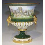 A Royal Worcester bone china urn, the body painted with a scene of 'York Minster Restored', reserved