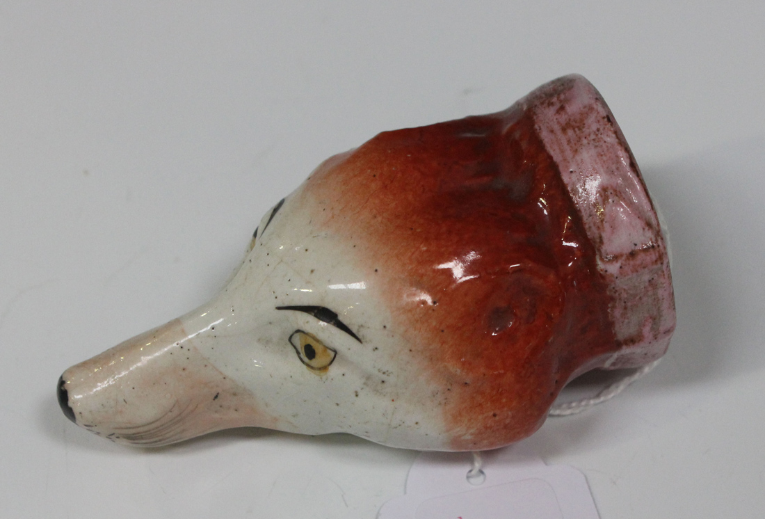 A small English fox head stirrup cup, circa 1840, naturalistically modelled and coloured with pink - Image 2 of 5